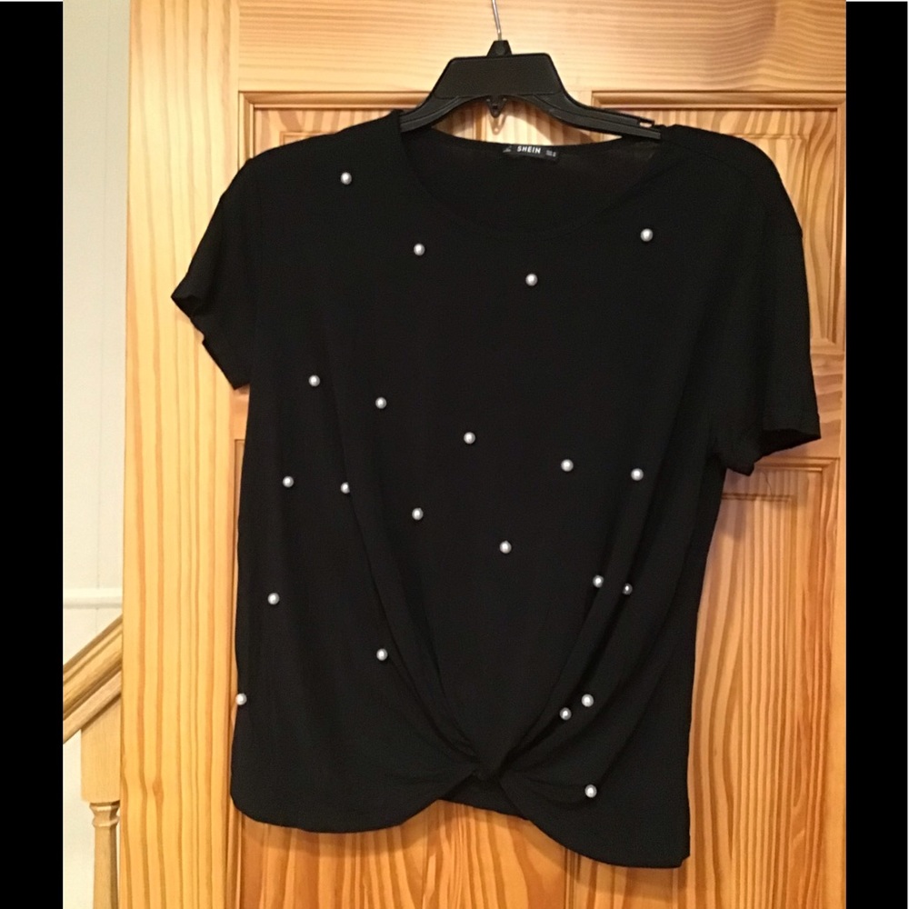 WOMEN’S PEARL EMBELLISHED TOP FRONT KNOT sz M SHEIN BLACK WHITE